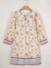 Striped Edge 3/4 Puff Sleeve Floral Dress