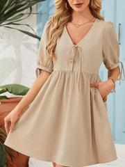 Tie-Neck Puff Sleeve A-Line Mini Dress