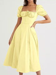 Puff Sleeve Tie Front Slit Midi Dress