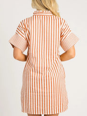 Stripe Pinched V Neck Turn-up Cuffs Shift Mini Dress