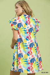 Umgee Ruffled Botanical Print Mini Dress
