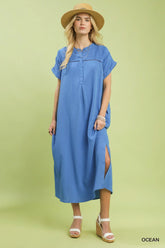 Umgee Button-Front Gauze Midi Dress with Lace Detail