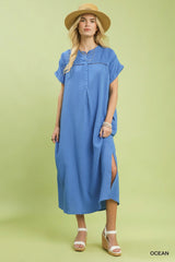 Umgee Button-Front Gauze Midi Dress with Lace Detail