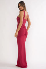 Delaina Ruched Waist Gold Accent Maxi Dress Wine