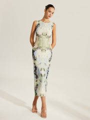 Floral Print Sleeveless Mesh Dress