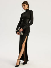 Belted High-Slit Turtleneck Maxi Dress