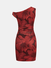 Floral Print One-Shoulder Ruched Bodycon Dress
