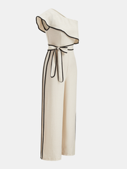 One-Shoulder Ruffle Contrast Piping Jumpsuit
