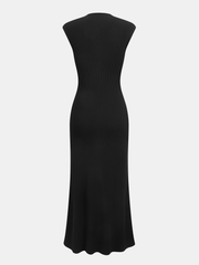 Button Detail Cap Sleeve Rib Knit Maxi Dress