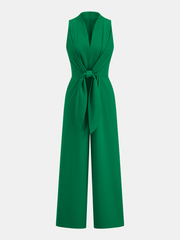 Sleeveless V-Neck Tie Waist Wide-Leg Jumpsuit