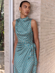 Scallop-Print Sleeveless Mock Neck Wrap Midi Dress