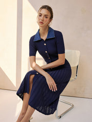 Denim Collar Ribbed Knit Midi Dress
