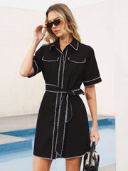 Oversized Contrast Stitch Belted Shirt Dress