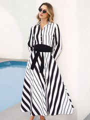 Striped Belted Shirt Midi Dress