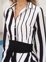 Striped Belted Shirt Midi Dress