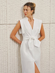 Cotton-Linen Sleeveless V-Neck Bow Split Dress