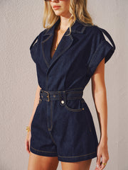 Denim Belted Collar Romper