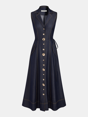 Sleeveless Button Down Belted Denim Maxi Dress