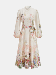 Floral Print Belted Puffed Sleeve Maxi Dress