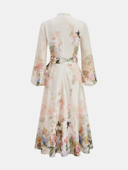 Floral Print Belted Puffed Sleeve Maxi Dress