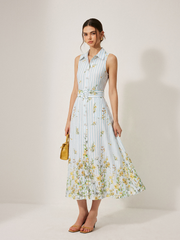 Floral Striped Sleeveless Belted Midi Dress