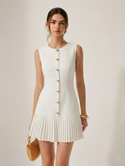 Metal Detail Sleeveless Slim Fit Pleated Mini Dress