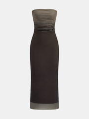 Ombre Mesh Ruched Strapless Midi Dress