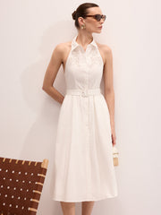 Cotton Embroidered Belted Halter Maxi Dress