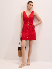 Linen Blend Sleeveless Belted Mini Dress