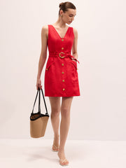 Linen Blend Sleeveless Belted Mini Dress