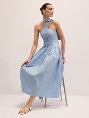 Halter Neck Cotton Blend Belted Maxi Dress
