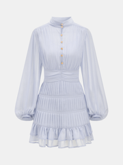 Pleated Button Long Sleeve Ruffled Mini Dress