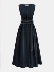 Cotton Linen Sleeveless Belted Midi Dress