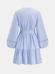 Cotton V-Neck Lantern Sleeve Belted Mini Dress