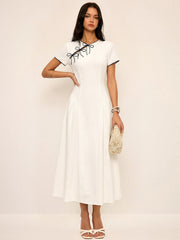 Bow Detail Cotton Cheongsam Midi Dress