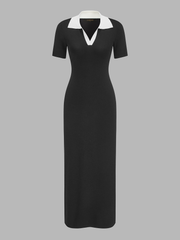 Contrast Collar Short Sleeve Knit Maxi Dress