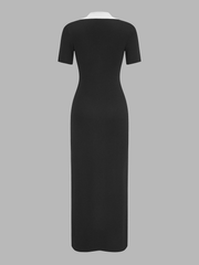 Contrast Collar Short Sleeve Knit Maxi Dress