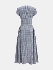 Gingham Frog Button Short Sleeve Midi Dress