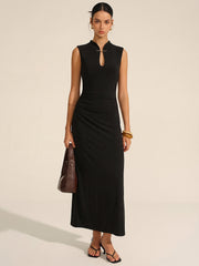 Sleeveless Ruched Keyhole Neck Maxi Dress