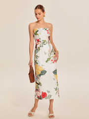 Strapless Belted Floral Print Maxi Dress