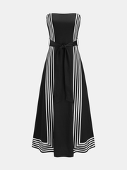 Strapless Striped Belted Midi Dress