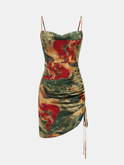 Abstract Print Ruched Drawstring Cami Mini Dress