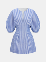 Striped Puff Sleeve Cotton Linen Mini Dress