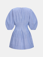 Striped Puff Sleeve Cotton Linen Mini Dress
