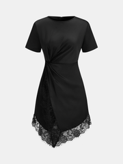 Short Sleeve Twist Waist Lace Hem Mini Dress