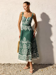 Baroque Floral Print Belted Cami Maxi Dress