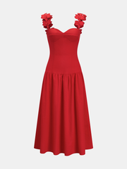 Flower Strap Cotton Linen Midi Dress