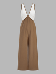 Color-Block Cotton Linen Wide Leg Jumpsuit