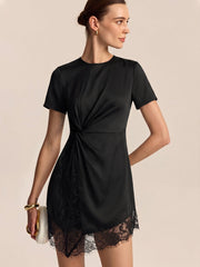 Short Sleeve Twist Waist Lace Hem Mini Dress