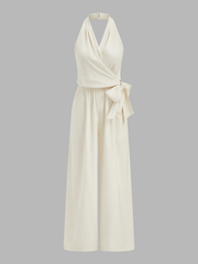 Halter Neck Tie Waist Wide Leg Jumpsuit